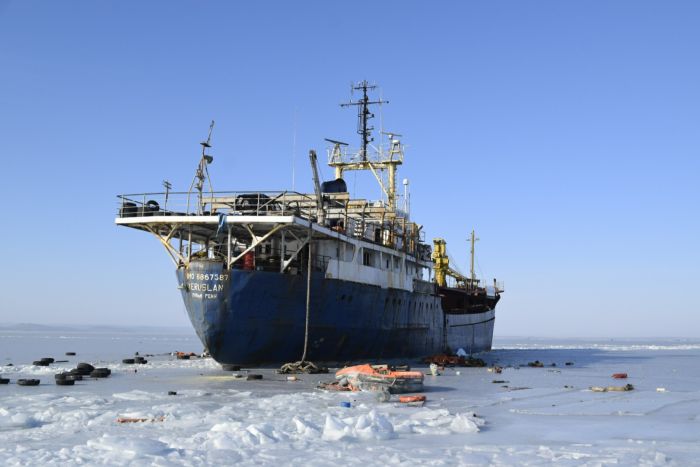 У Владивостока брошенный сухогруз вмерз в Амурский залив (7 фото) У Владивостока брошенный сухогруз вмерз в Амурский залив (7 фото)